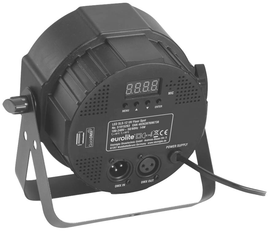 Reflektor sceniczny LED widziany od tyłu, z wyświetlaczem cyfrowym, przyciskami sterującymi oraz interfejsami zasilania i DMX.