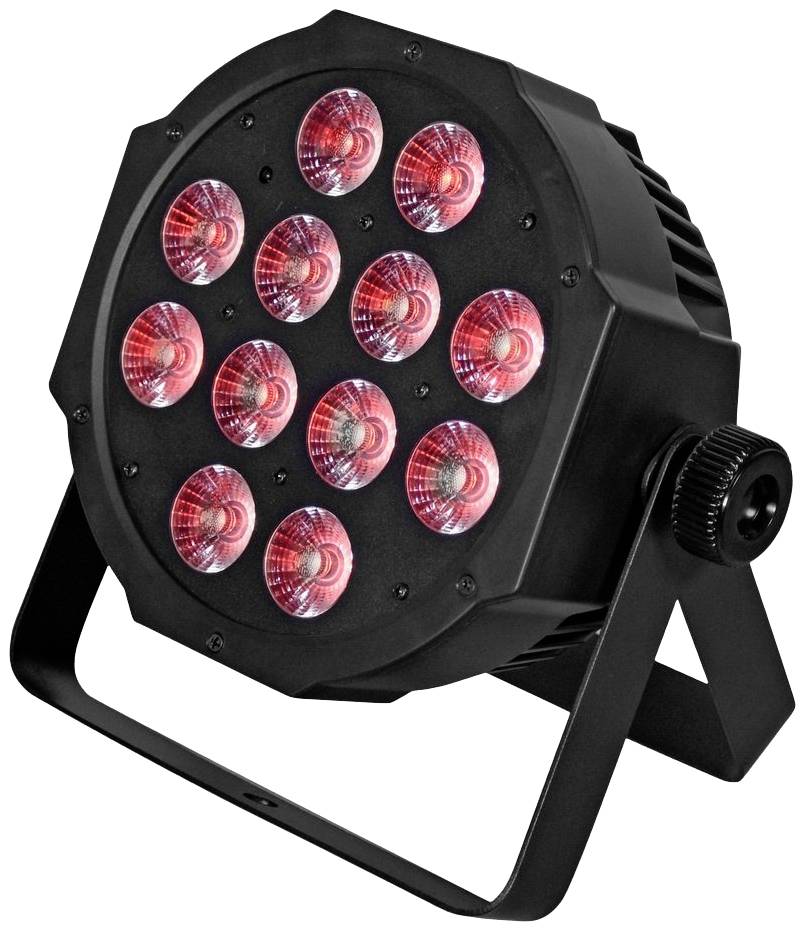 Reflektor LED z dwunastoma okrągłymi, czerwonymi światłami w czarnej obudowie, umieszczony na stabilnej, regulowanej podstawie.