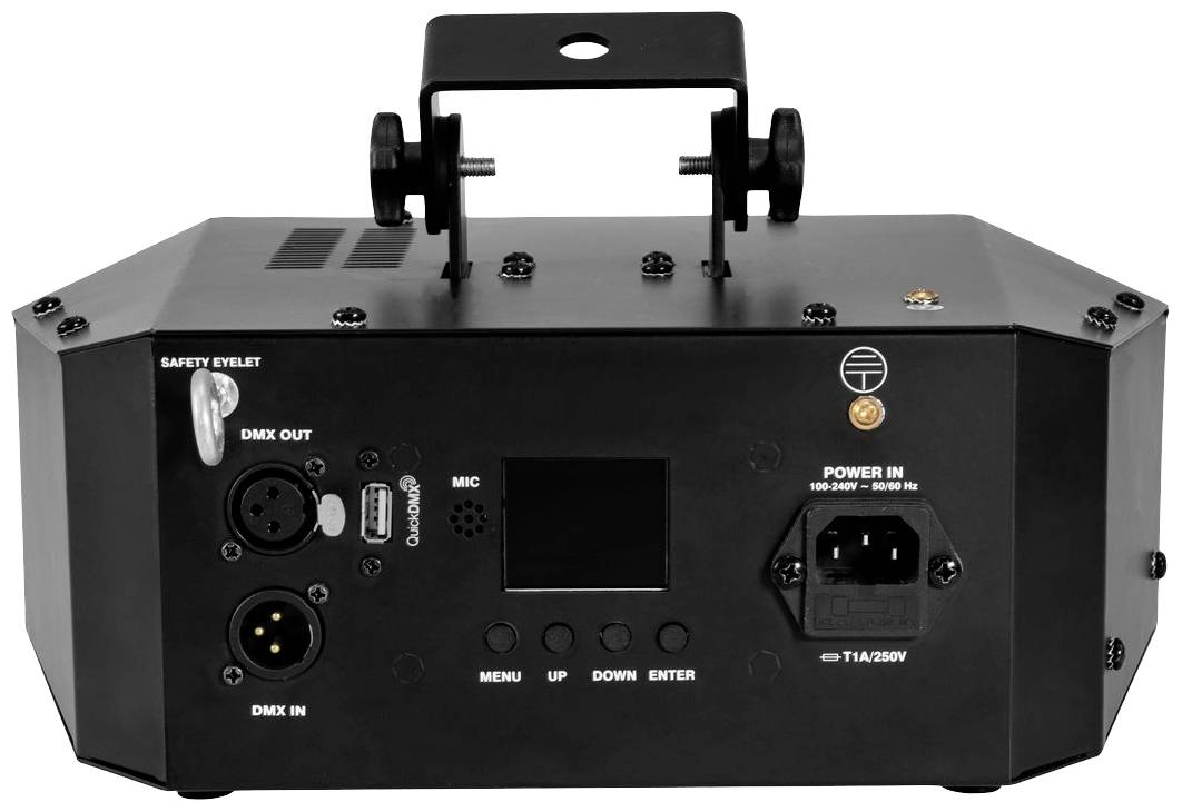 Widok z tyłu urządzenia oświetleniowego z gniazdami DMX, włącznikiem sieciowym i przyciskami menu; odpowiedni do oświetlenia scenicznego lub klubowego.