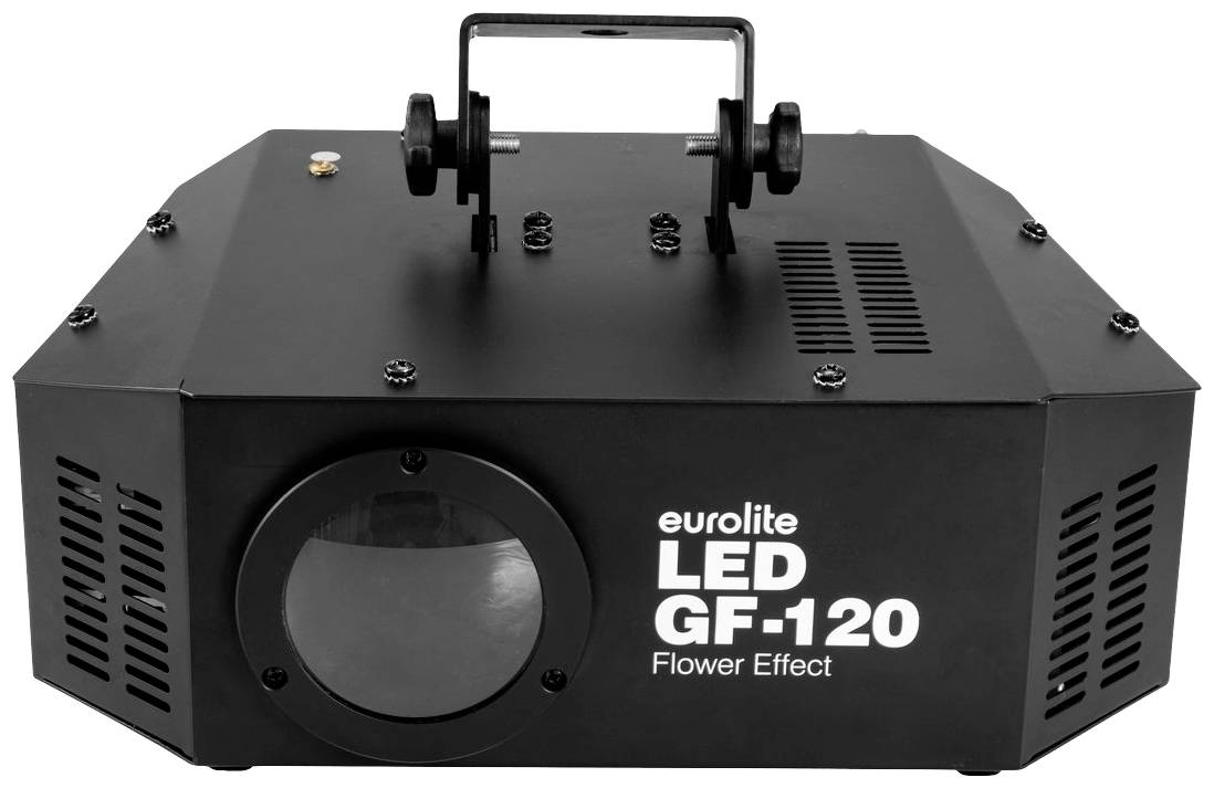 Urządzenie świetlne Eurolite LED GF-120 Flower Effect, obudowa w kolorze czarnym, z uchwytem do przenoszenia na górze. Używane do tworzenia efektów świetlnych podczas imprez.
