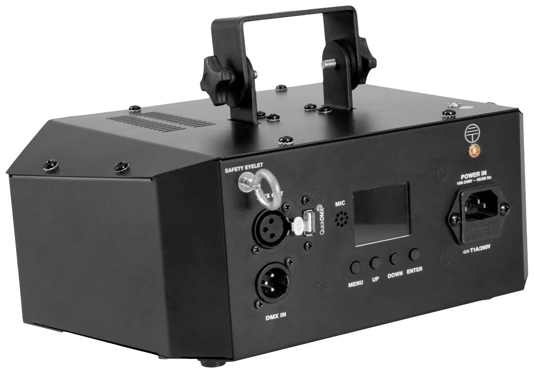 Czarny, prostokątny elektroniczny sprzęt z uchwytem i wieloma złączami. Na przedniej stronie widoczna etykieta i przyciski sterujące.