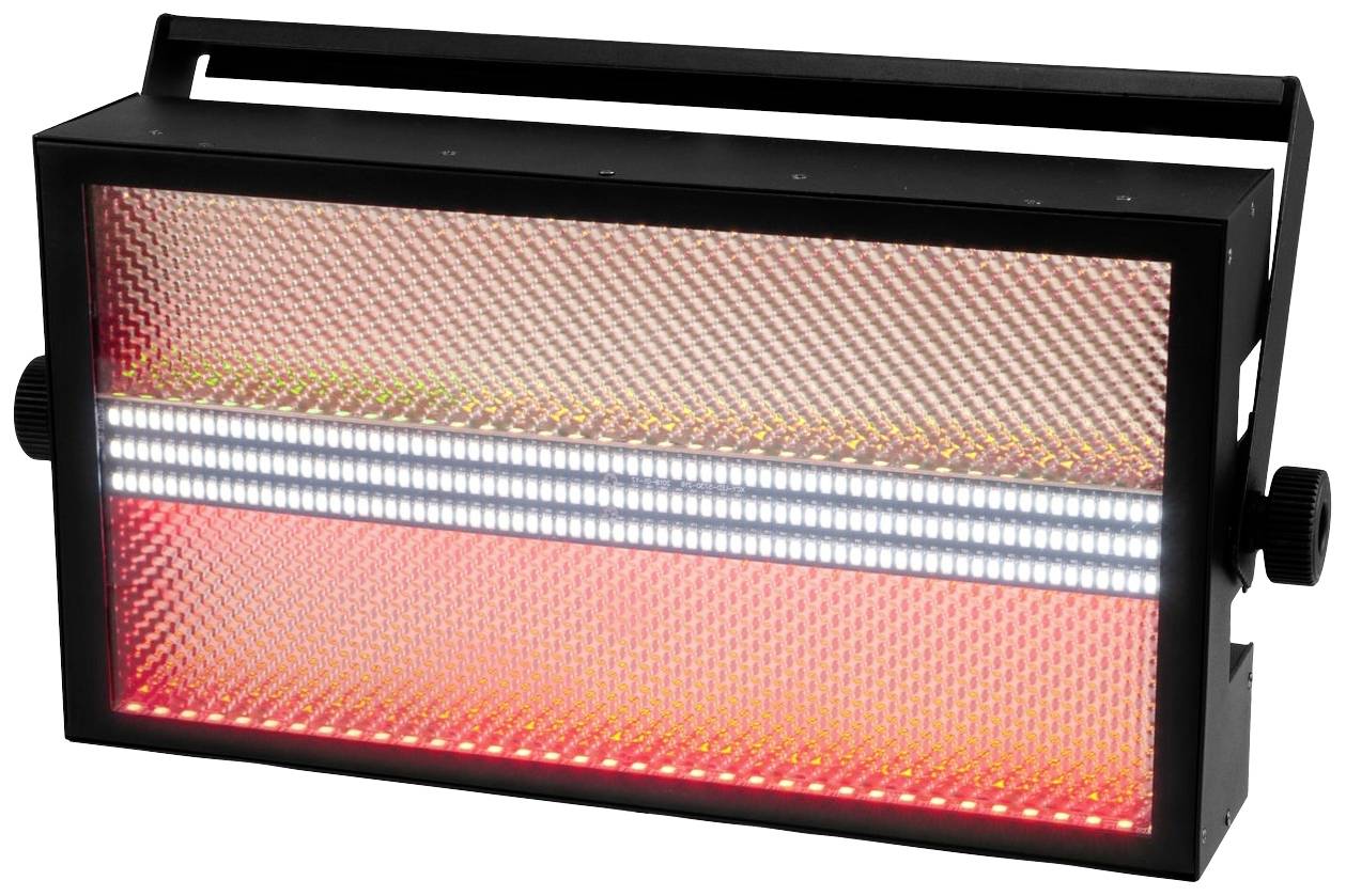 Prostokątne, czarne urządzenie LED z czerwonawo świecącą strefą i rzędem białych świateł pośrodku.
