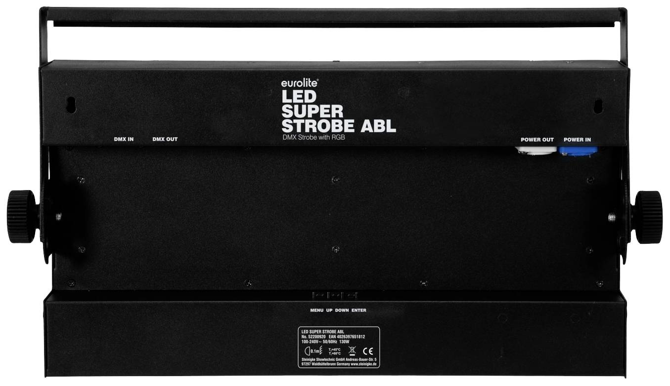 Eurolite LED Super Strobe ABL - urządzenie oświetleniowe z diodami LED, wyposażone w złącza DMX, zasilania i sterowania.