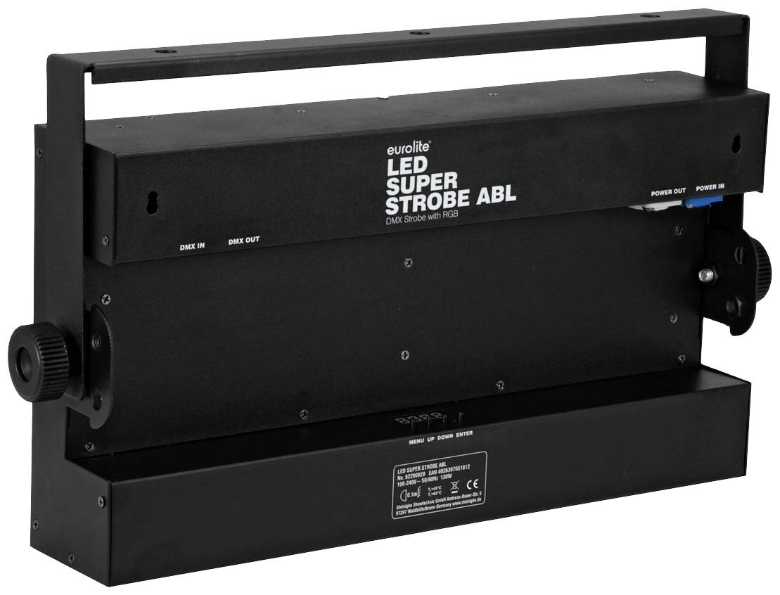Czarne LED-owe światło stroboskopowe z napisem 'Eurolite LED Super Strobe ABL', przeznaczone do pokazów świetlnych i oświetlenia scenicznego.
