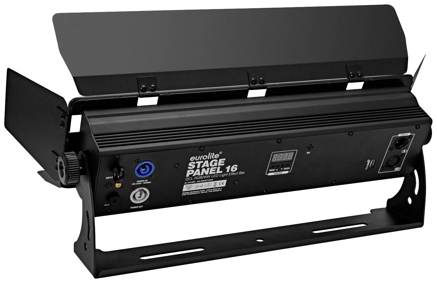 Czarny panel oświetleniowy sceniczny 'Eurolite Stage Panel 16' z przyciskami sterującymi, wyświetlaczem i bocznymi żeberkami chłodzącymi, zamocowany na statywie.