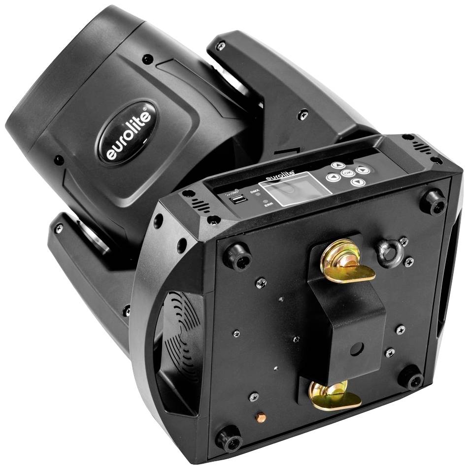 Reflektor głowicy ruchomej systemu oświetleniowego, w kolorze czarnym z wyświetlaczem cyfrowym i złotym uchwytem montażowym. Nazwa marki 'eurolite'.