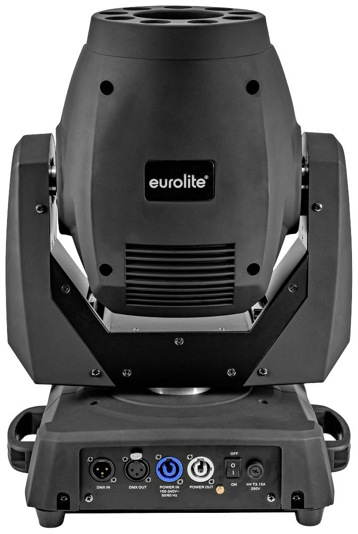 Czarny, profesjonalny reflektor oświetleniowy firmy Eurolite z elementami podłączeniowymi i sterującymi u podstawy.
