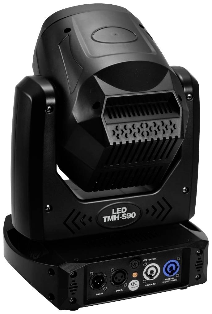 Reflektor sceniczny LED, model TMH-S90, w kolorze czarnym. Posiada złącza sterujące z tyłu urządzenia.