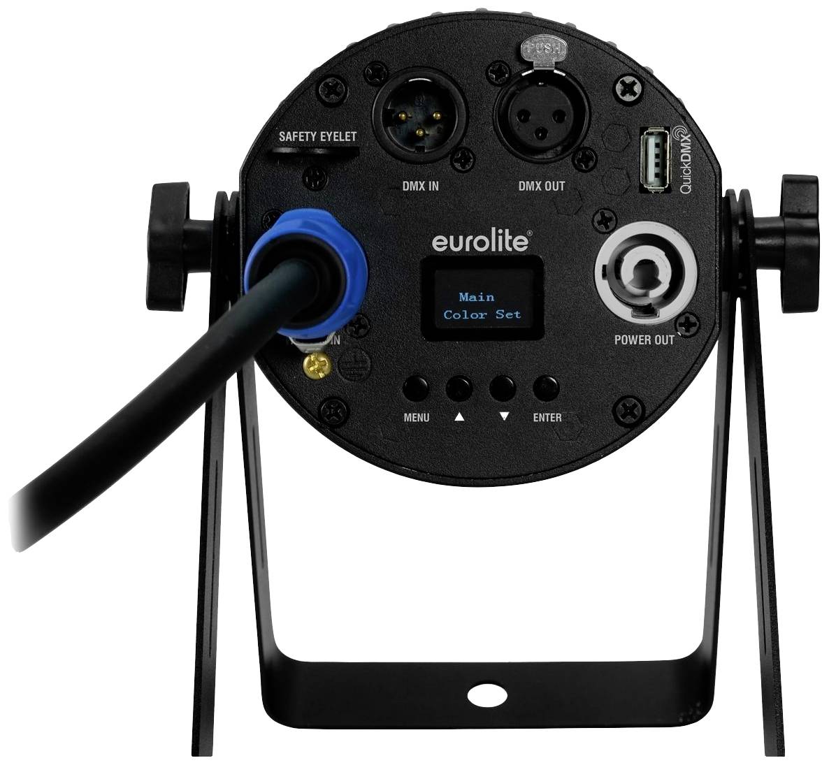 Widok z tyłu reflektora scenicznego z przyłączami DMX, złączem USB oraz ekranem wyświetlającym tekst 'Main Color Set'.