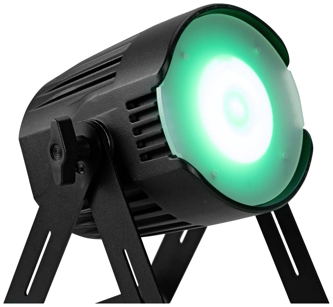 Czarna, trójnożna lampa sceniczna emituje jasne zielone światło, odpowiednia do oświetlenia scenicznego lub eventowego.