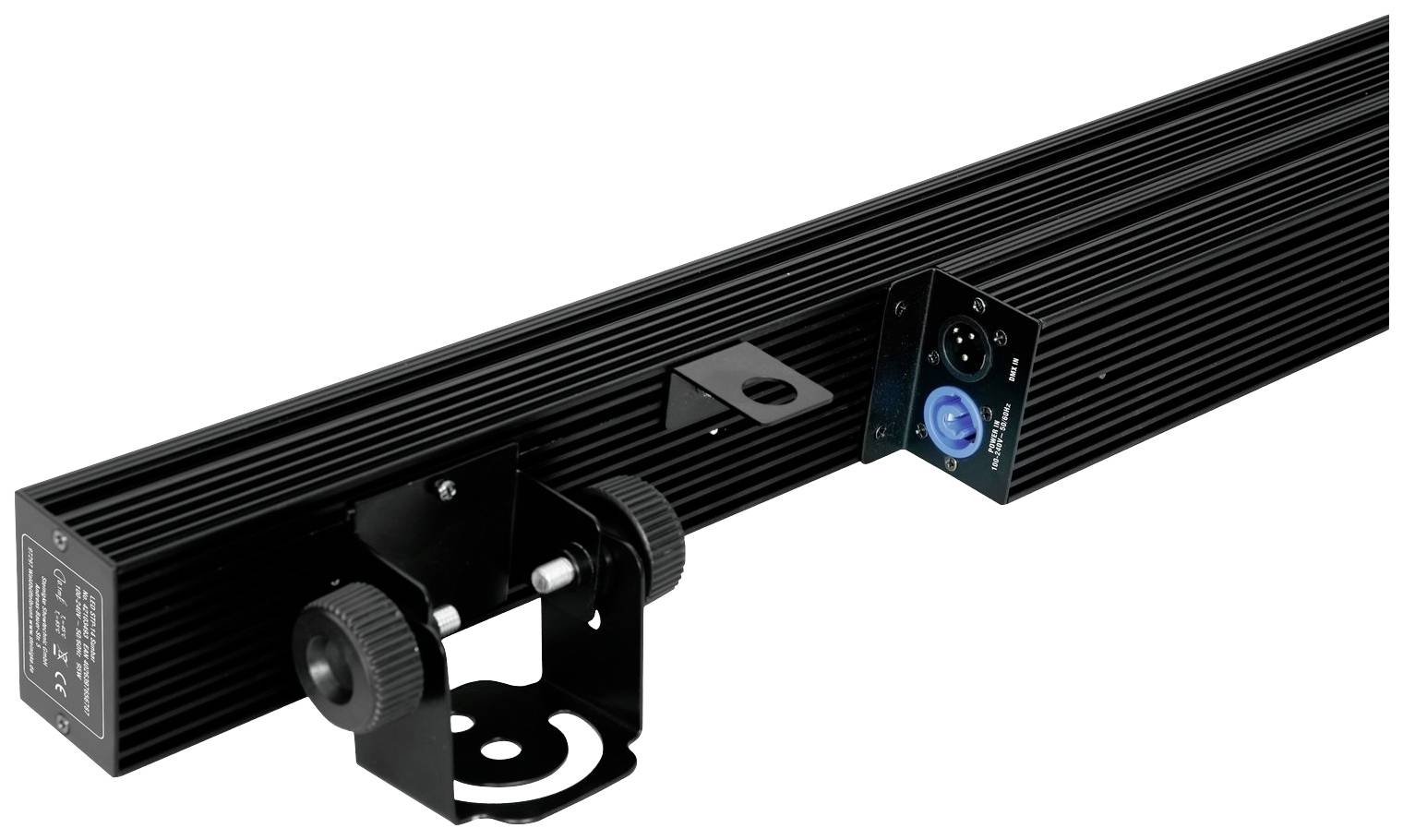 Czarny belka świetlna LED z mocowaniem i złączami, odpowiednia do efektów scenicznych lub systemów oświetleniowych.