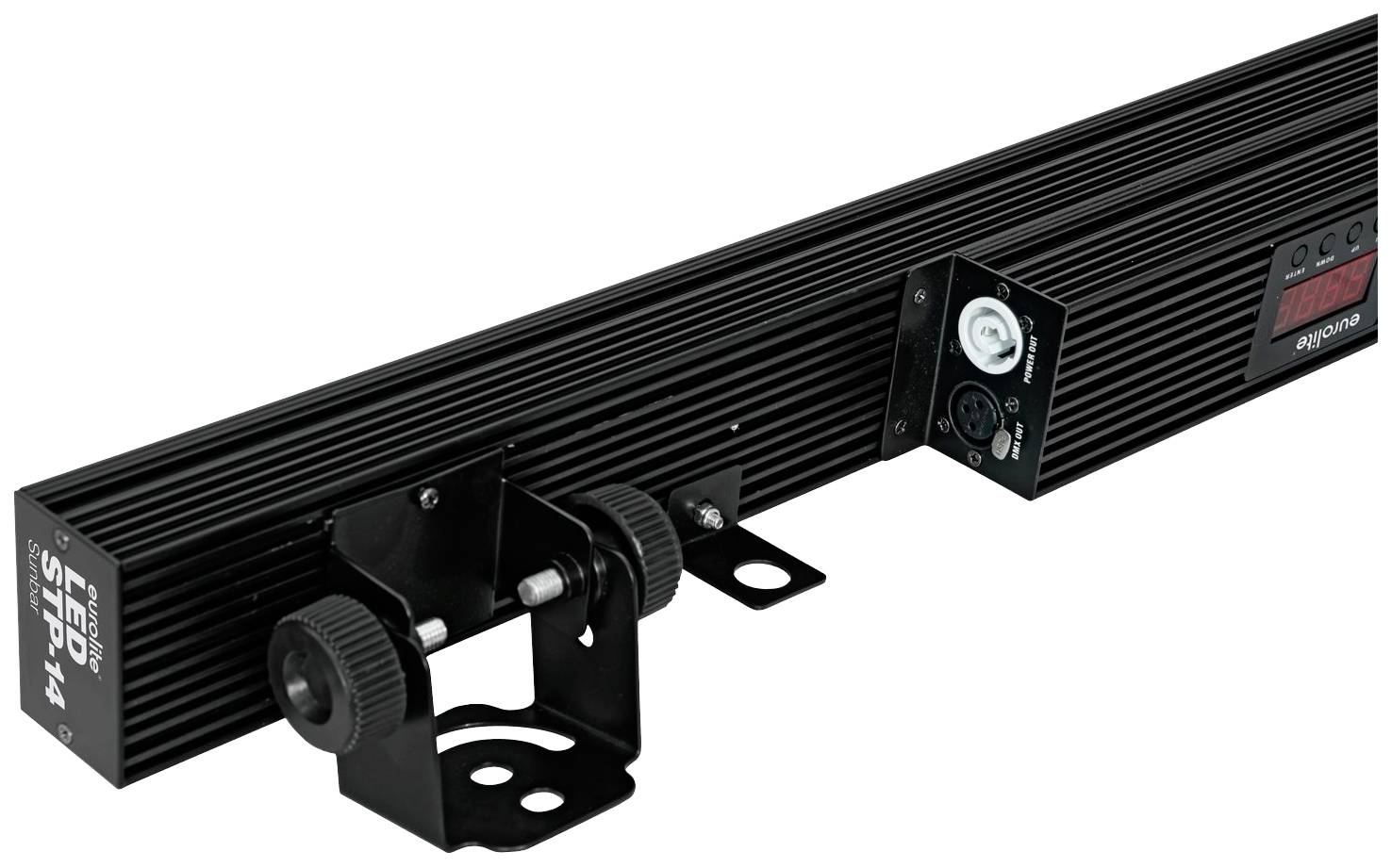 Czarny system świetlny LED z mocowaniem, wskaźnikiem bocznym i elementami sterującymi.