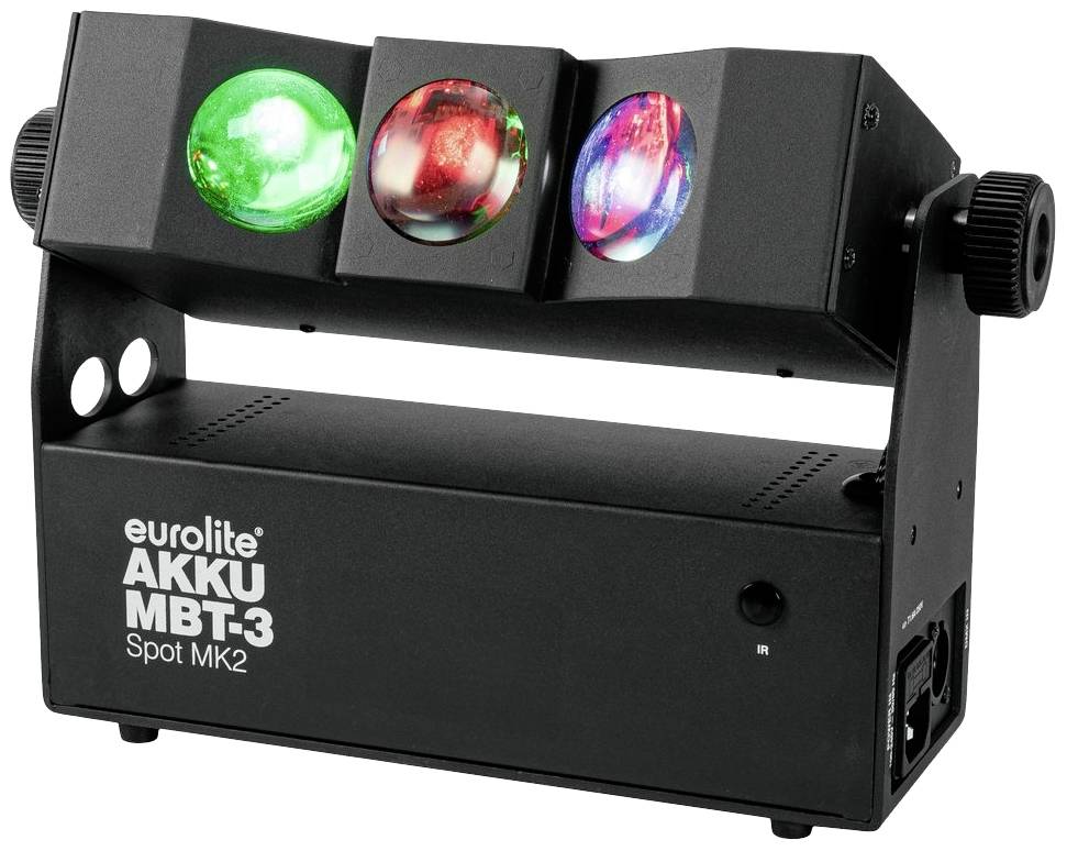 Czarny reflektor LED z trzema kolorowymi soczewkami (czerwoną, zieloną, niebieską), z napisem 'eurolite AKKU MBT-3 Spot MK2'.