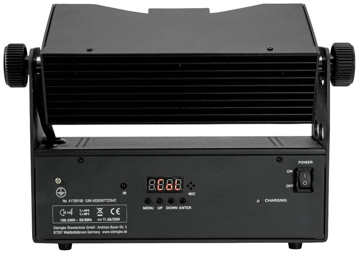 Czarny elektroniczny sprzęt z wyświetlaczem i przyciskami. Posiada włącznik sieciowy, wskaźnik ładowania oraz pokrętła po obu stronach.