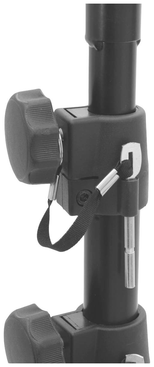 Noga statywu z bliska, ukazująca pokrętła regulacyjne i mechanizm blokujący, stosowana do stabilizacji sprzętu.