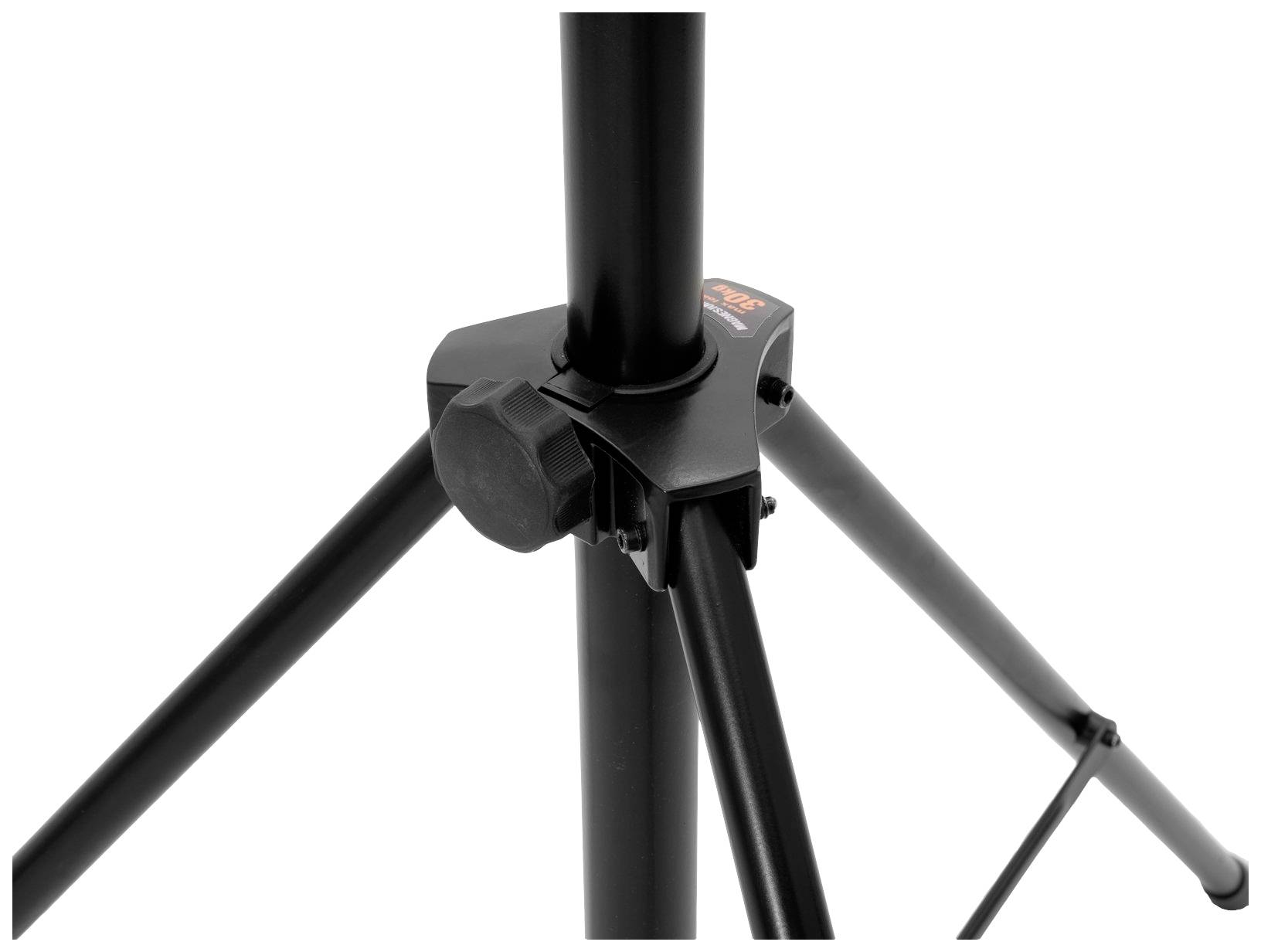 Czarny statyw z centralnym słupem i trzema wysuwanymi nogami, zapewnia stabilność dla sprzętu fotograficznego lub oświetleniowego.