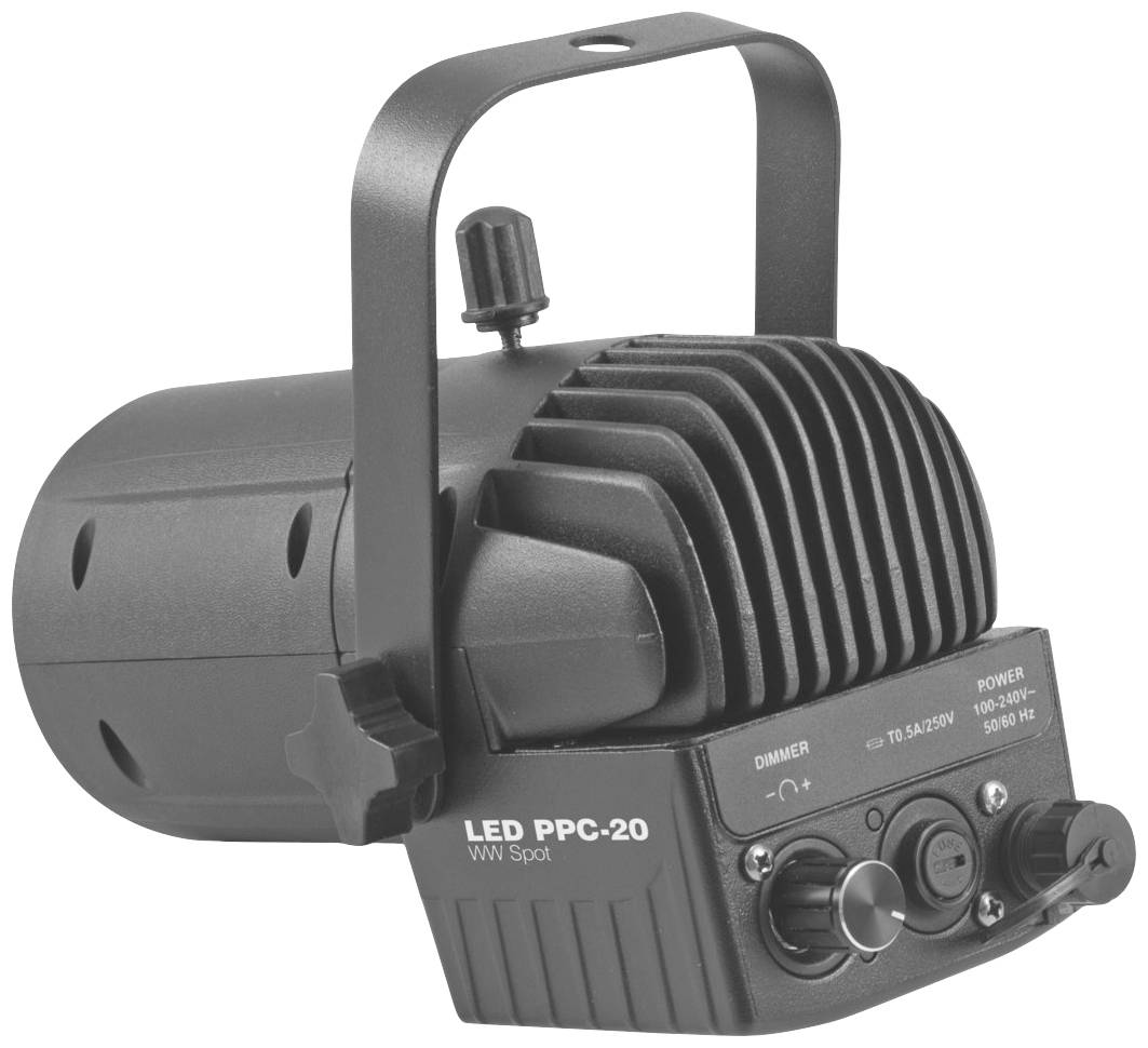 Reflektor LED, model 'LED PPC-20 WW Spot', z uchwytem i pokrętłami regulacyjnymi, prezentuje szczegóły techniczne na tylnej stronie.