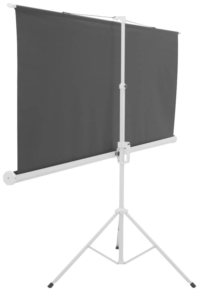 Płótno na trójnożnym statywie, gotowe do projekcji lub prezentacji w sali lekcyjnej lub sali konferencyjnej.