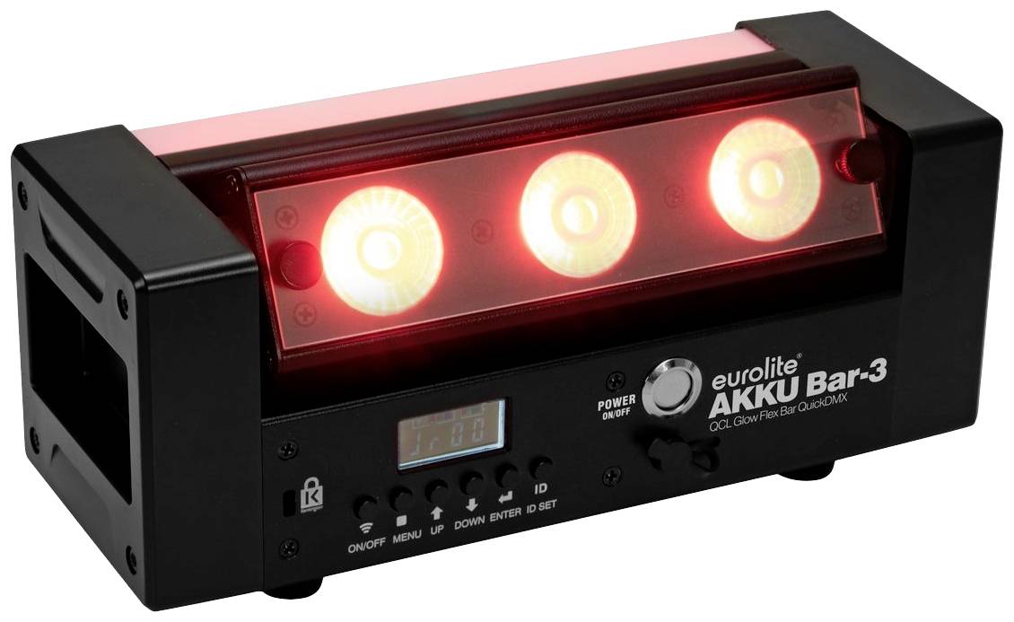 Belka świetlna LED z trzema czerwonymi reflektorami i wyświetlaczem sterowania, odpowiednia do oświetlenia scenicznego.