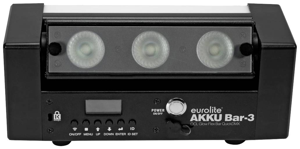 Czarny reflektor LED 'eurolite AKKU Bar-3' z trzema okrągłymi reflektorami, wyświetlaczem i przyciskami sterującymi na przedniej ściance.