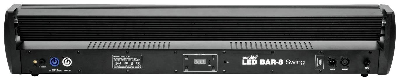 Belka LED z napisem 'LED BAR-8 Swing', widok z tyłu z przyłączami i przełącznikami, przeznaczona do celów oświetleniowych.