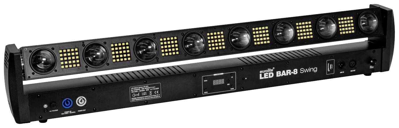 Belka świetlna LED z wieloma soczewkami umieszczonymi przesunięto i żółtymi diodami LED na czarnej obudowie; odpowiednia do oświetlenia scenicznego.