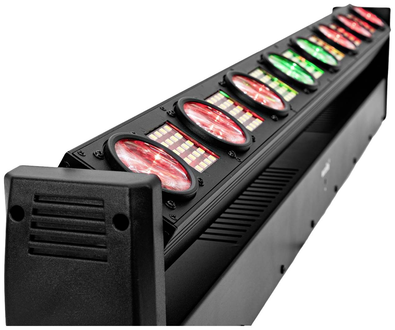 Seria ośmiu okrągłych lamp LED, świecących naprzemiennie na czerwono i zielono, zamontowanych na sztywnej belce.