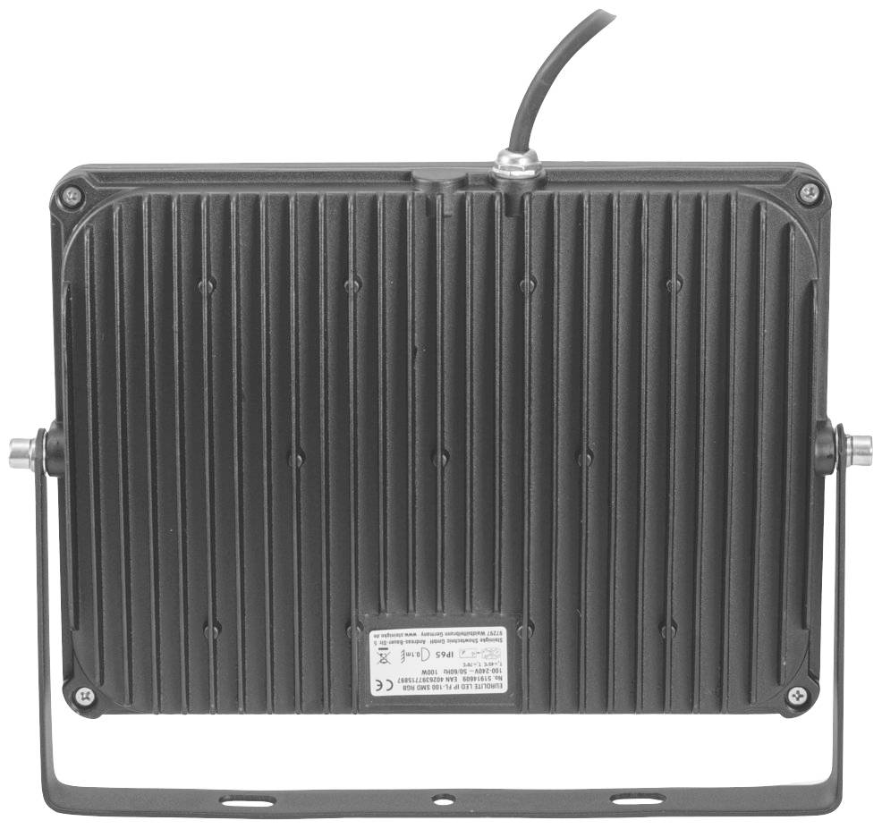 Prostokątny czarny reflektor LED z żeberkami chłodzącymi na tylnej stronie. Na górze znajduje się przewód przyłączeniowy.