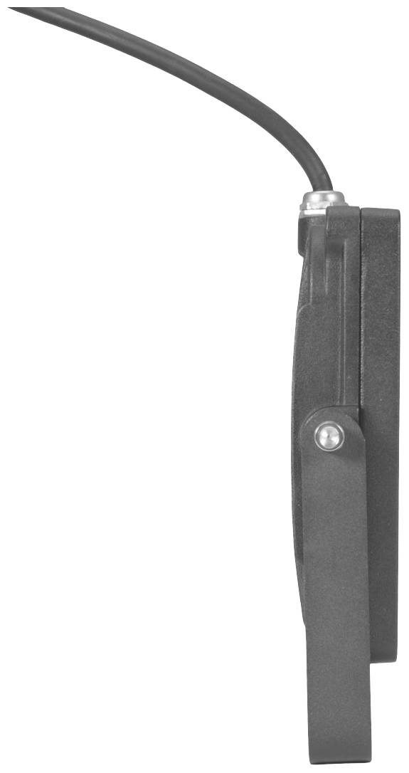 Widok z boku czarnego, smukłego urządzenia elektronicznego z podłączonym przewodem.