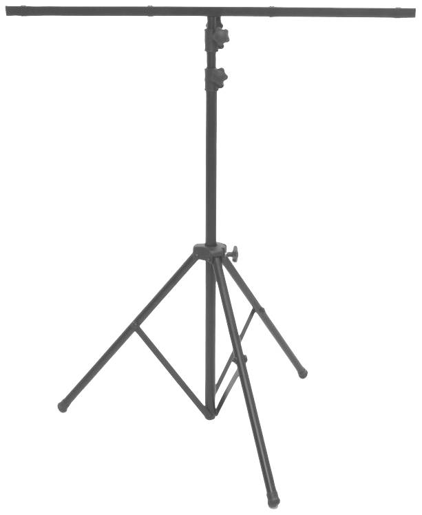 Czarny statyw w kształcie litery T z regulowaną środkową sekcją i trzema rozkładanymi nogami, przeznaczony do mocowania sprzętu oświetleniowego.