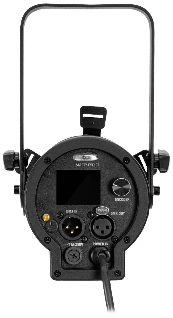 Tylna strona oświetlenia scenicznego z przyłączami: DMX wejście/wyjście, zasilanie, oraz wyświetlacz. Przycisk sterujący po prawej stronie, uchwyt mocujący u góry.