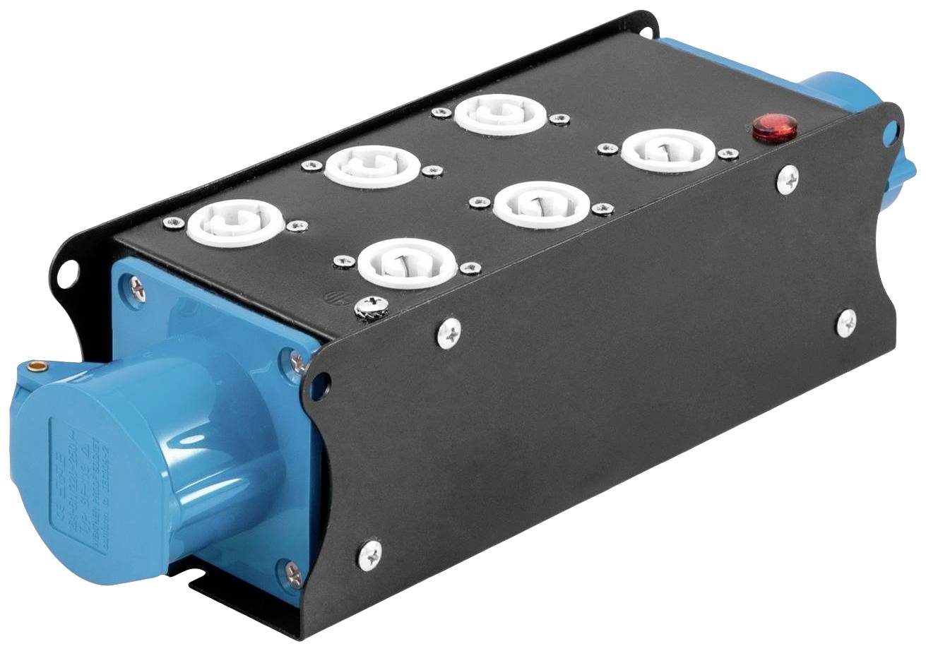 Czarny rozgałęziacz elektryczny z sześcioma białymi gniazdami i czerwonym przełącznikiem zamontowanym po jednej stronie.