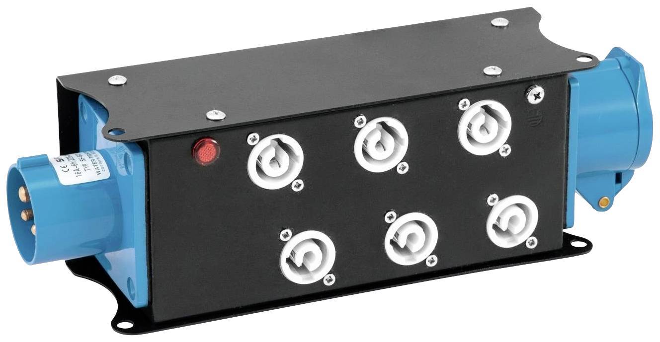 Przemysłowy rozdzielacz gniazd elektrycznych z wieloma niebieskimi wejściami i białymi wyjściami, odpowiedni do połączeń elektrycznych.