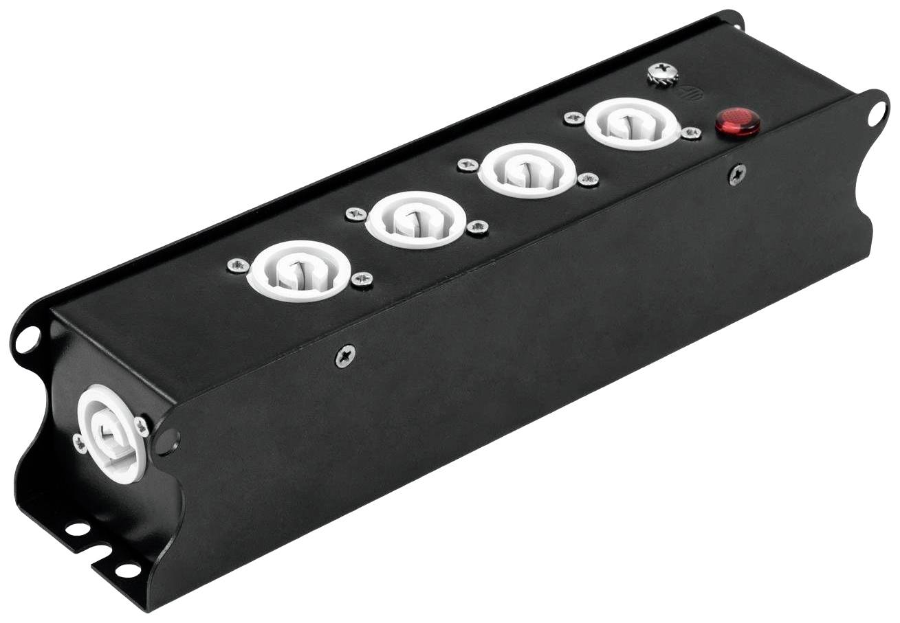 Czarna listwa zasilająca z pięcioma białymi, okrągłymi gniazdami oraz czerwonym przełącznikiem na prostokątnej obudowie.