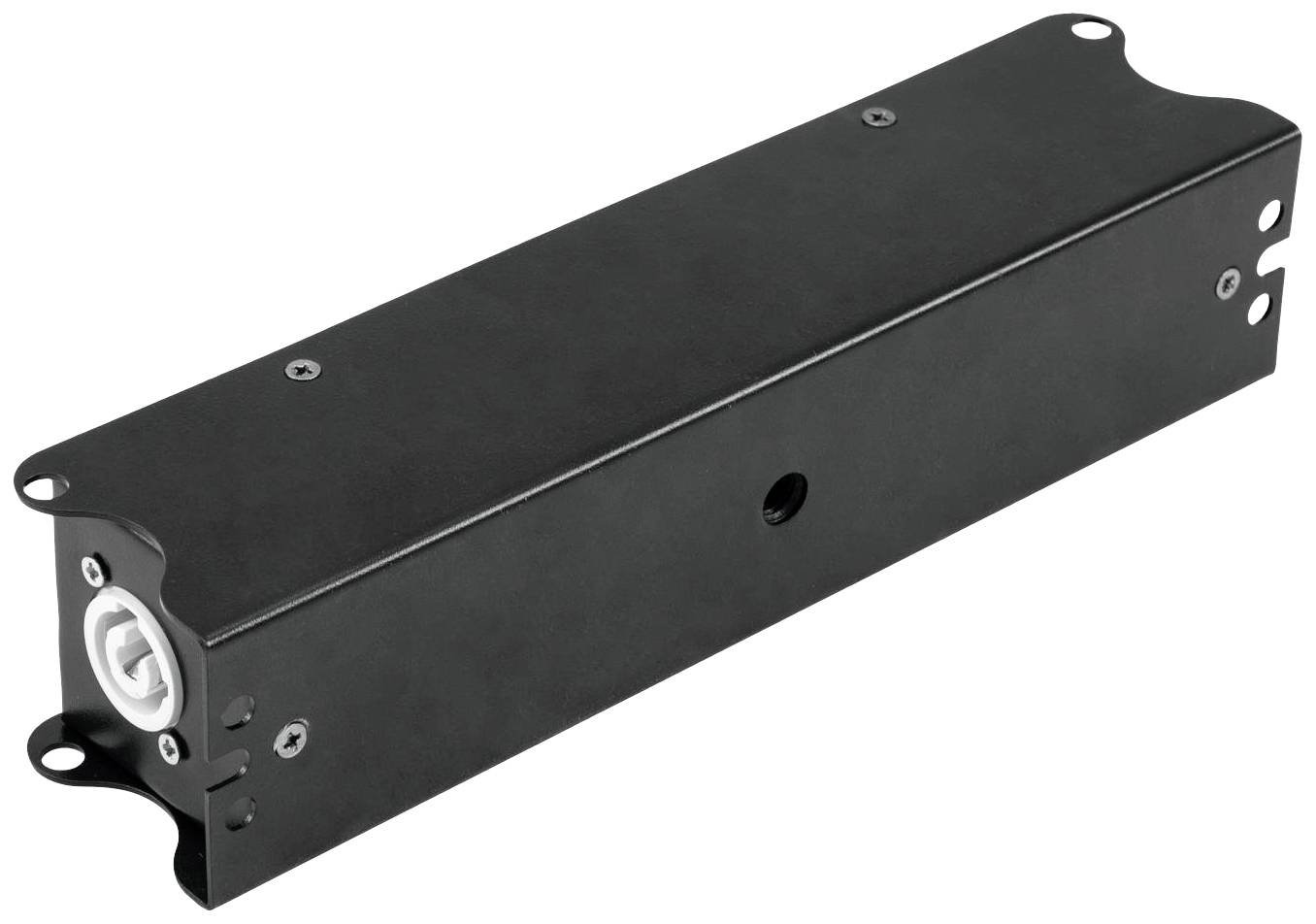 Czarny prostokątny metalowy korpus z otworami na śruby i białym złączem na jednym końcu, prawdopodobnie przeznaczony do elektronicznych podzespołów.