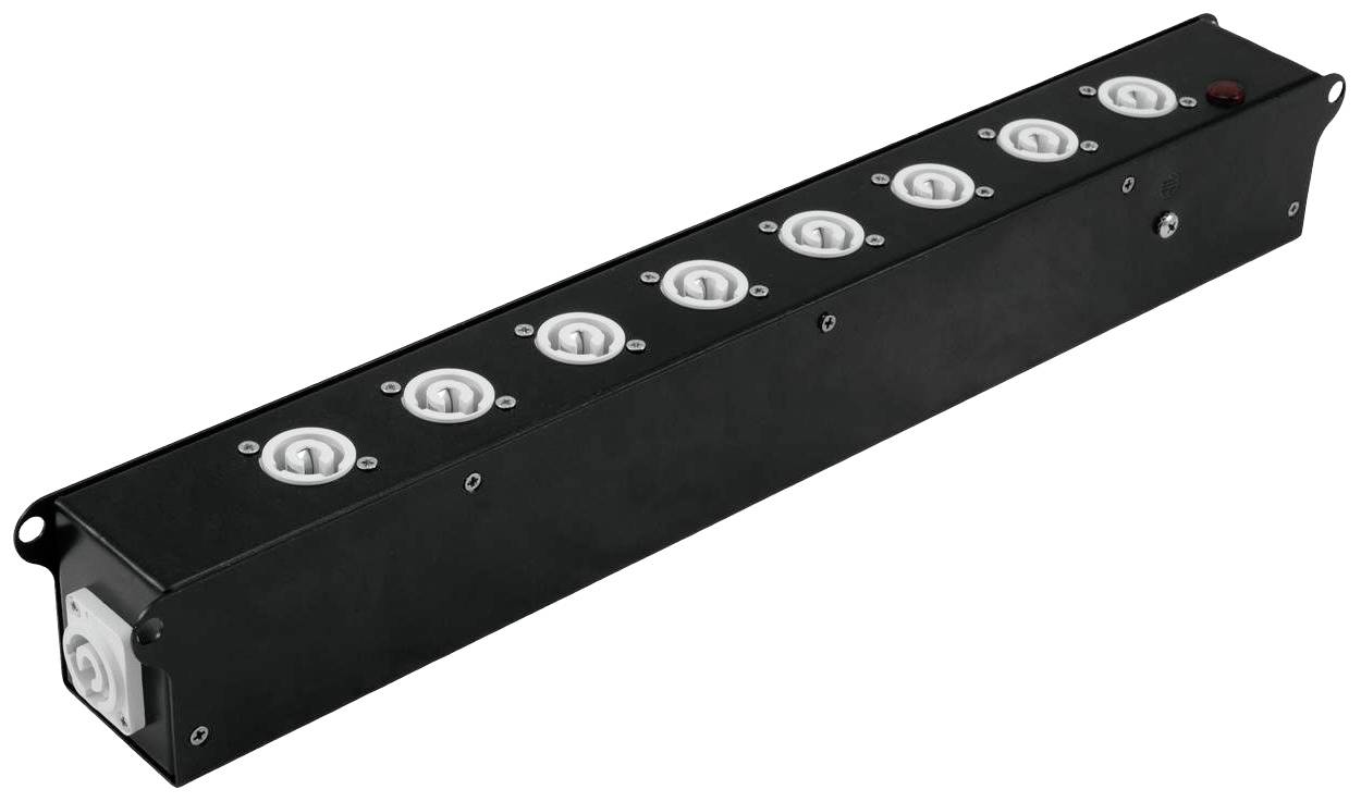 Czarna, prostokątna rozdzielnica z ośmioma równomiernie rozmieszczonymi gniazdami elektrycznymi i włącznikiem na górnej powierzchni.