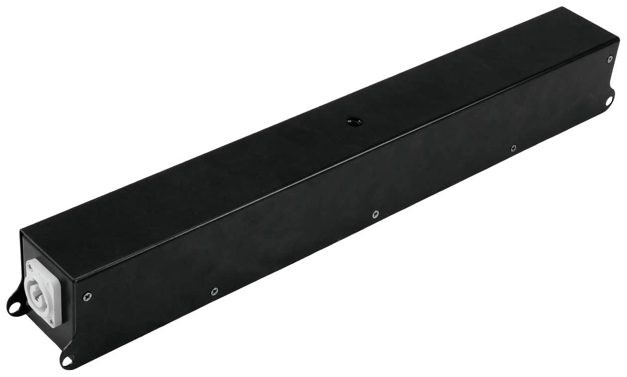 Czarny, prostokątny element konstrukcyjny z wieloma punktami mocowania. Po lewej stronie znajduje się biała wtyczka przyłączeniowa.