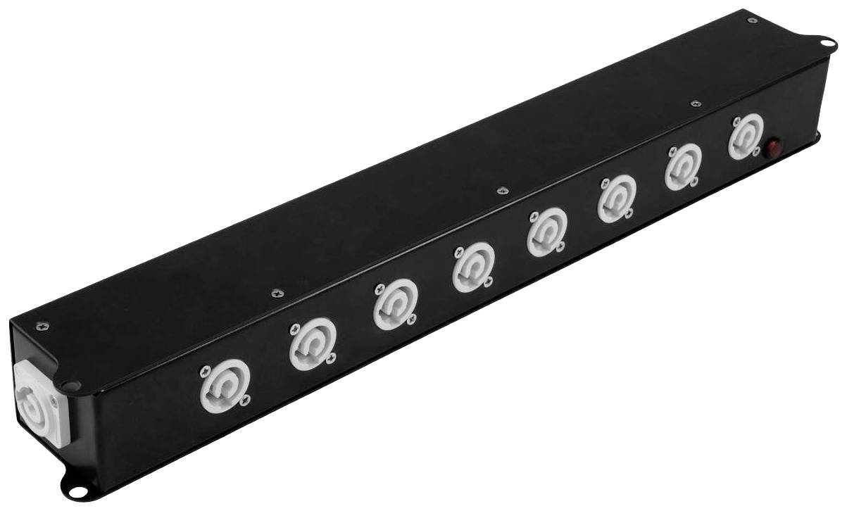 Czarny, podłużny rozdzielacz z ośmioma okrągłymi gniazdami na górnej powierzchni. Przeznaczony do dystrybucji prądu w instalacjach elektrycznych.