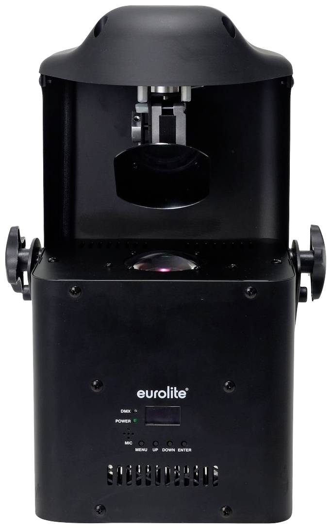Czarny reflektor teatralny marki Eurolite, z ruchomą głowicą i różnymi elementami sterującymi na przedniej części.