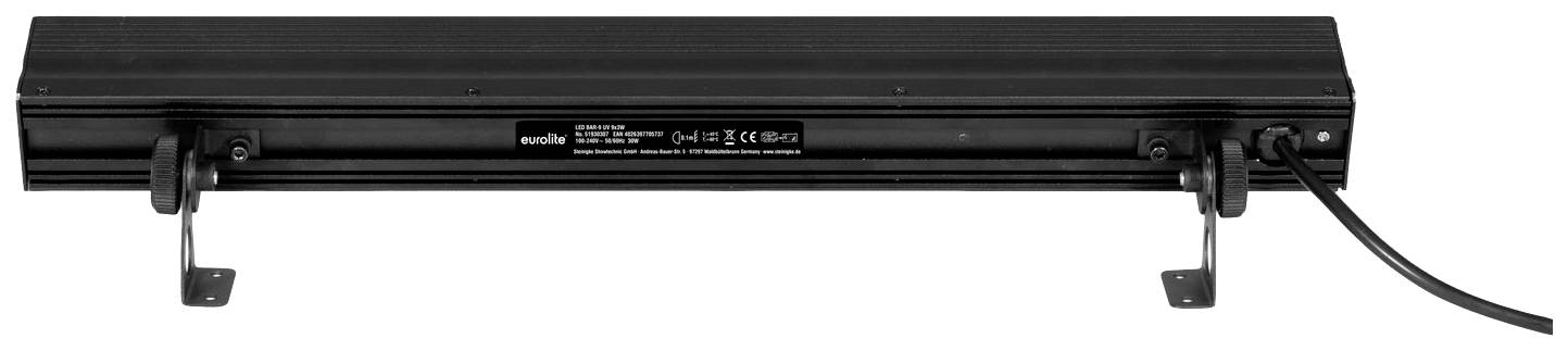 Długa, czarna lampa LED z dwoma uchwytami montażowymi i przewodem zasilającym z tyłu, odpowiednia do zamocowania na suficie.