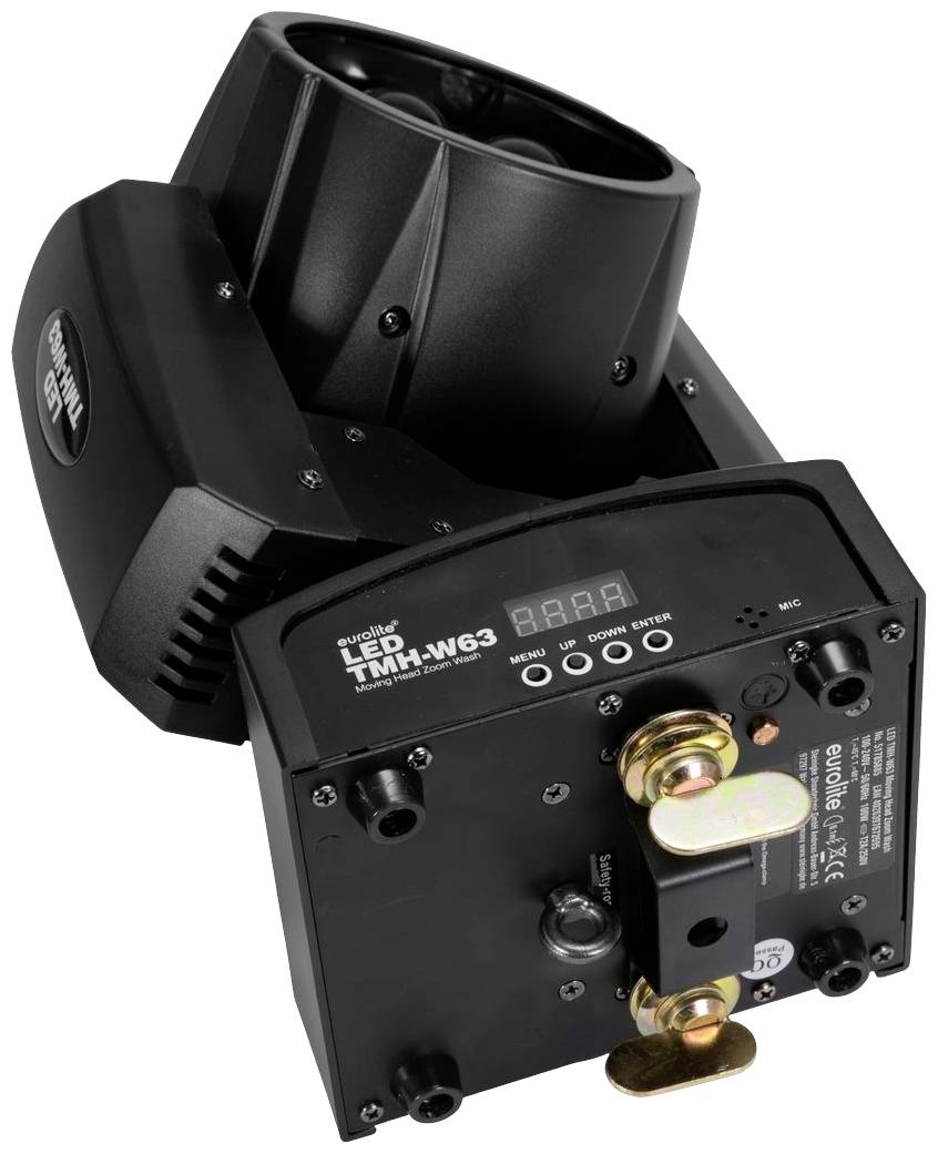 Czarny reflektor LED z napisem firmowym, przedstawiający tylną część z wyświetlaczem sterowania i mocowaniami.