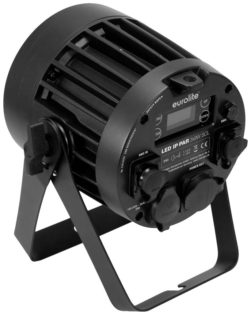 Czarny reflektor LED z metalową ramą i wyświetlaczem, o nazwie 'EUROLITE LED IP PAR 36x1W SCL', przeznaczony do oświetlenia.