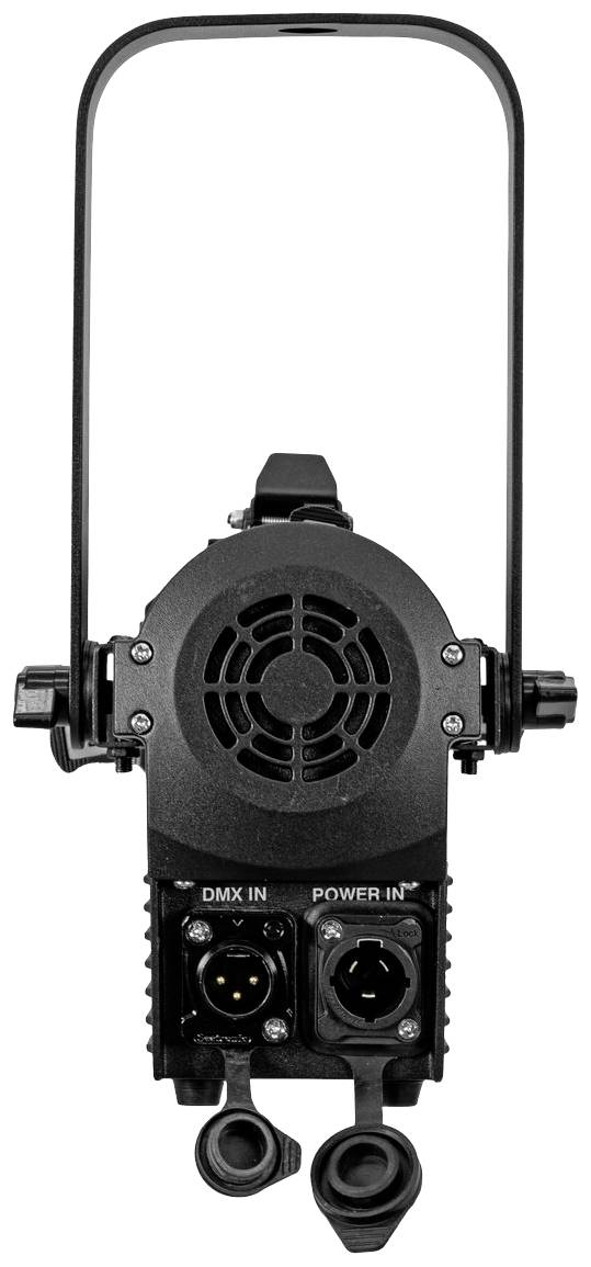 Profesjonalny reflektor sceniczny przedstawia widok od tyłu z przyłączami DMX i zasilania, odpowiedni do użytku w teatrze i podczas pokazów świetlnych.