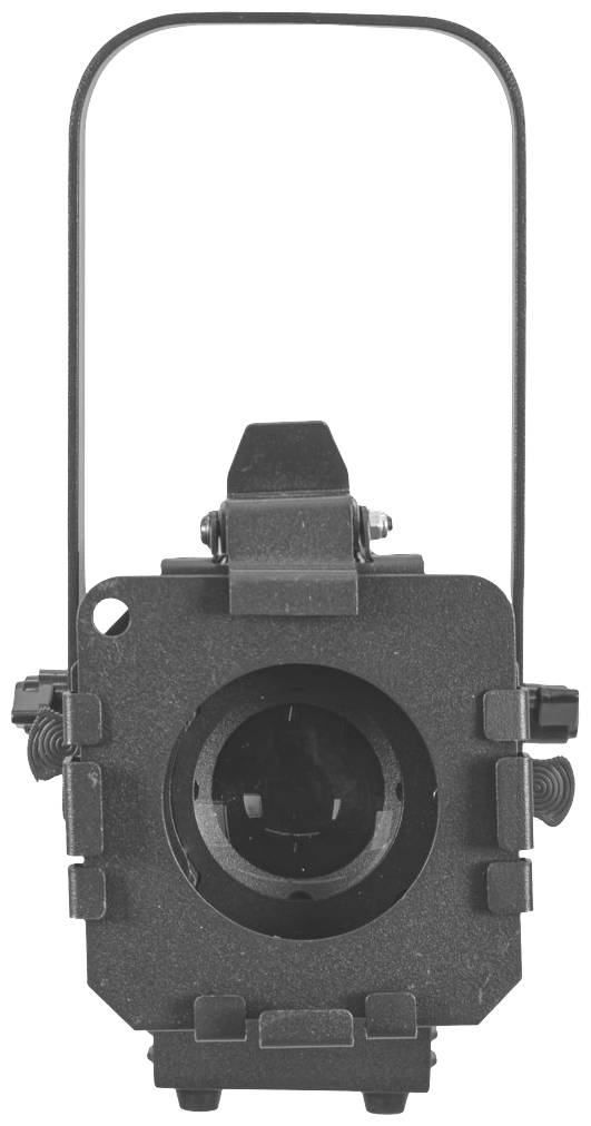 Czarny, prostokątny reflektor sceniczny z okrągłą soczewką pośrodku i metalową ramą do mocowania.