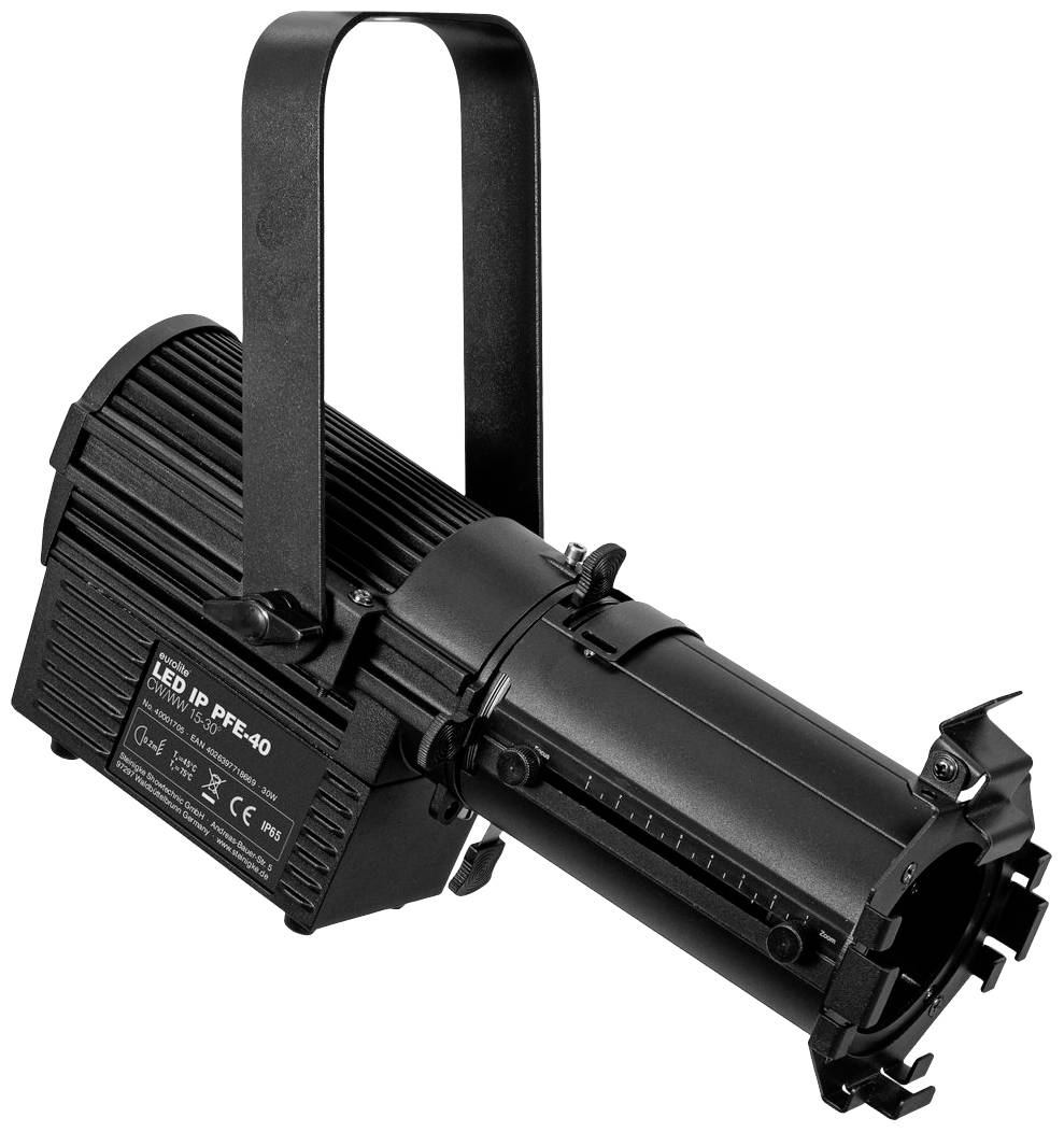 Czarny teatralny reflektor LED z uchwytem mocującym, model 'LED IP FE-40', z wydrukowanymi informacjami technicznymi na boku.