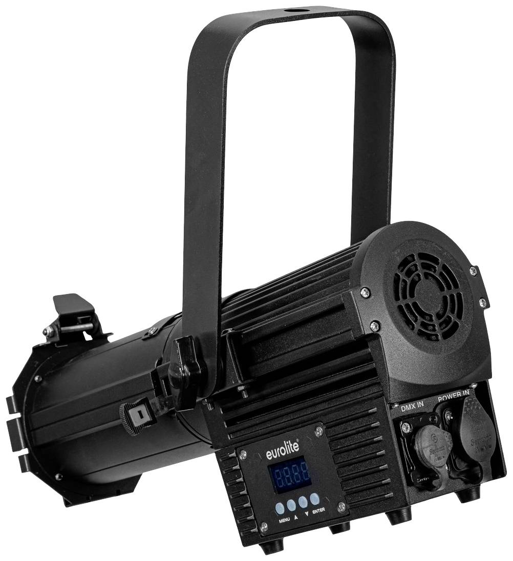 Czarny, cylindryczny reflektor z uchwytem; z widocznym wyświetlaczem cyfrowym i gniazdami z tyłu.