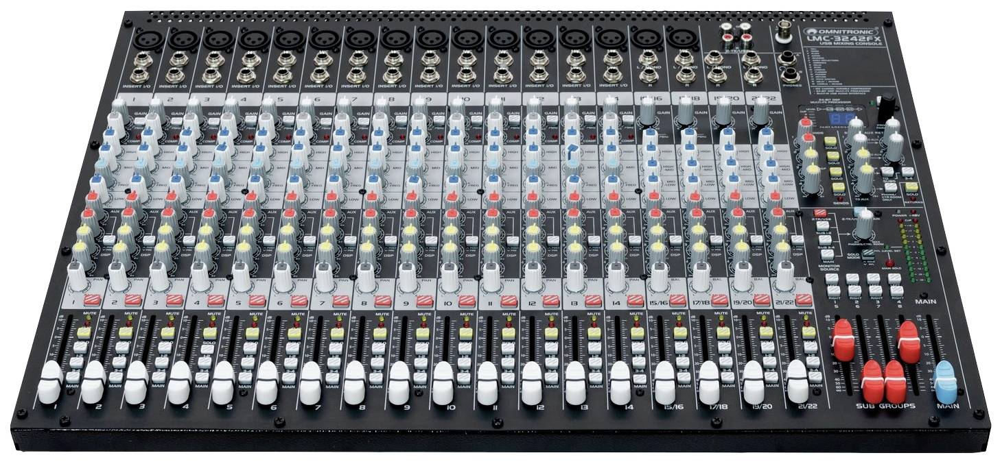 Konsoleta audio z wieloma kanałami, regulatorami i przyciskami do sterowania poziomami dźwięku, efektami i wyjściami.