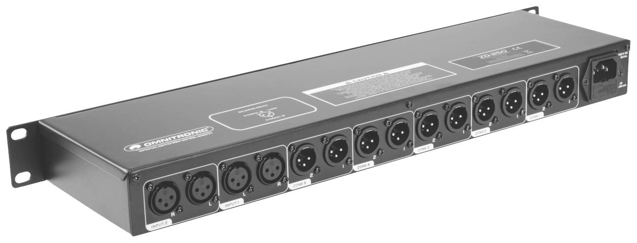 Elektroniczne urządzenie z wieloma złączami XLR w obudowie do montażu w szafie rack, przeznaczone do połączeń w technice audio.