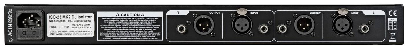 Tylna ściana interfejsu audio z dwoma złączami XLR dla wejścia, dwoma złączami XLR dla wyjścia oraz gniazdem zasilania po lewej stronie.