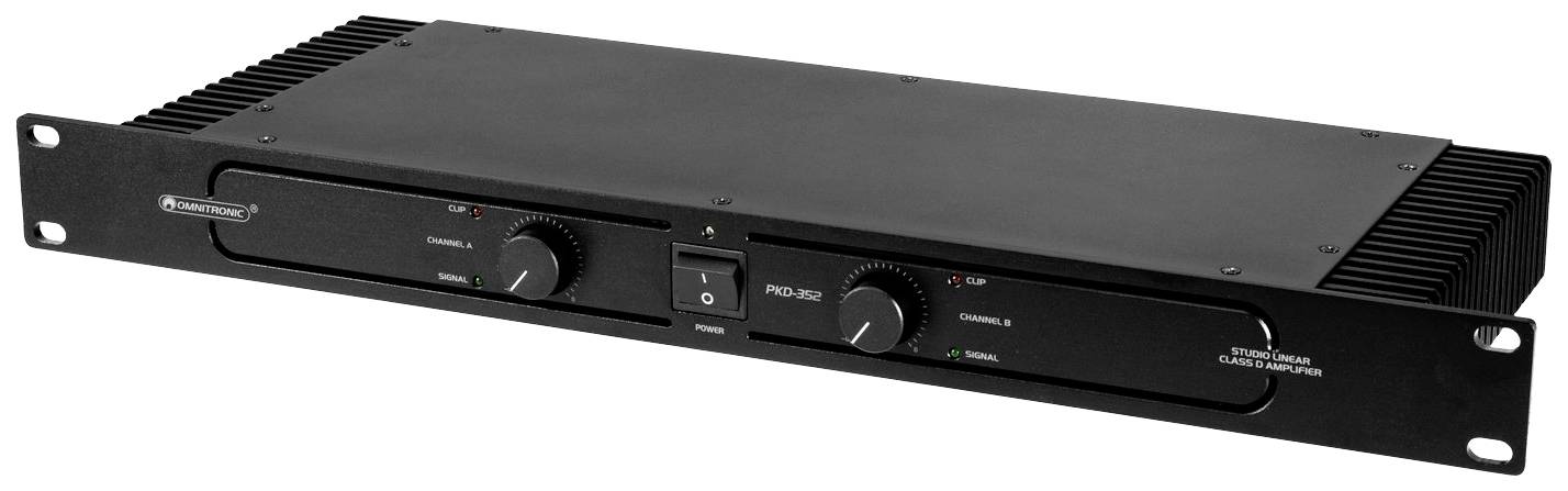 Czarny wzmacniacz w stylu rackmount z dwoma dużymi pokrętłami i kilkoma wskaźnikami świetlnymi na przedniej ściance.